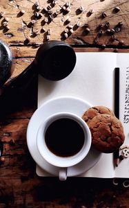 Preview wallpaper cup, coffee, cookies, notebook