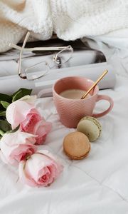 Preview wallpaper cup, coffee, cookies, flowers, roses, pink