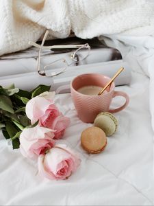 Preview wallpaper cup, coffee, cookies, flowers, roses, pink