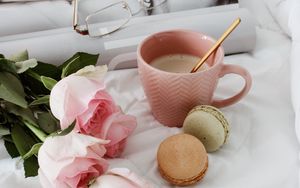 Preview wallpaper cup, coffee, cookies, flowers, roses, pink