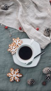 Preview wallpaper cup, coffee, cookies, garland, cones