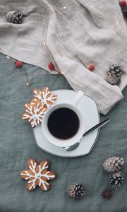 Preview wallpaper cup, coffee, cookies, garland, cones