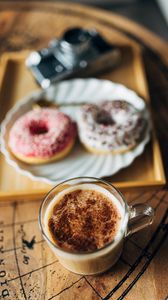 Preview wallpaper cup, coffee, donuts, camera, table