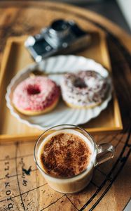 Preview wallpaper cup, coffee, donuts, camera, table