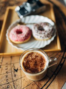 Preview wallpaper cup, coffee, donuts, camera, table