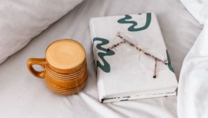 Preview wallpaper cup, coffee, drink, glasses, book, white