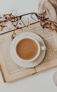 Preview wallpaper cup, coffee, drink, book, branch