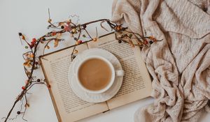 Preview wallpaper cup, coffee, drink, book, branch