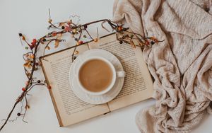 Preview wallpaper cup, coffee, drink, book, branch