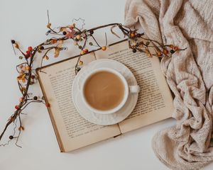 Preview wallpaper cup, coffee, drink, book, branch