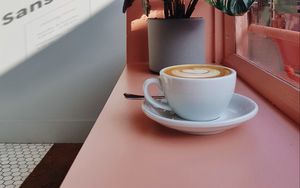 Preview wallpaper cup, coffee, flower, window sill, window, pink
