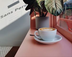 Preview wallpaper cup, coffee, flower, window sill, window, pink