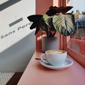 Preview wallpaper cup, coffee, flower, window sill, window, pink
