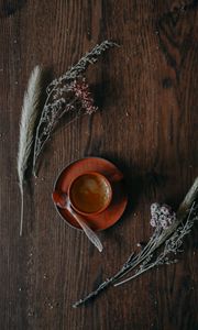 Preview wallpaper cup, coffee, flowers, spikelets