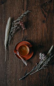 Preview wallpaper cup, coffee, flowers, spikelets