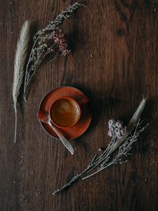 Preview wallpaper cup, coffee, flowers, spikelets