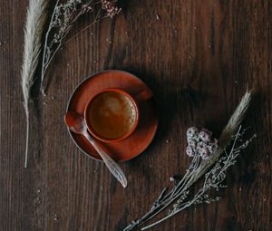 Preview wallpaper cup, coffee, flowers, spikelets