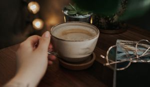 Preview wallpaper cup, coffee, foam, drink, hand