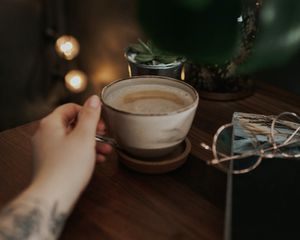 Preview wallpaper cup, coffee, foam, drink, hand