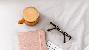 Preview wallpaper cup, coffee, glasses, notepad, cloth, white