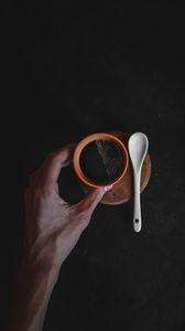 Preview wallpaper cup, coffee, hand, spoon, dark