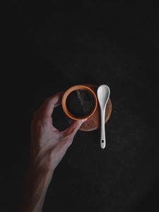 Preview wallpaper cup, coffee, hand, spoon, dark