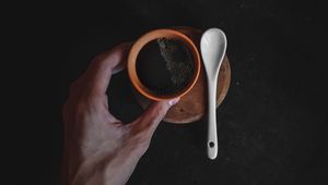 Preview wallpaper cup, coffee, hand, spoon, dark