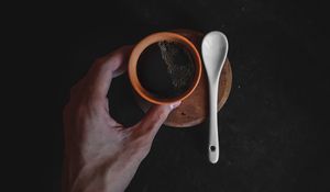 Preview wallpaper cup, coffee, hand, spoon, dark