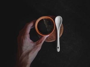 Preview wallpaper cup, coffee, hand, spoon, dark