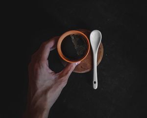 Preview wallpaper cup, coffee, hand, spoon, dark