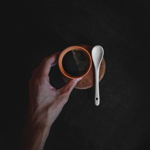 Preview wallpaper cup, coffee, hand, spoon, dark