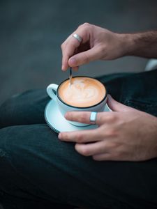Preview wallpaper cup, coffee, hands, rings