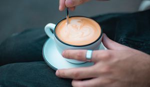 Preview wallpaper cup, coffee, hands, rings