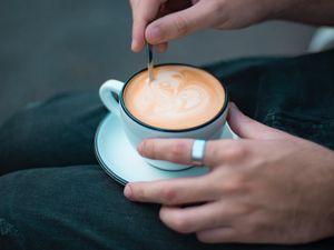 Preview wallpaper cup, coffee, hands, rings