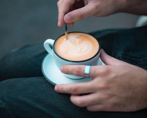 Preview wallpaper cup, coffee, hands, rings