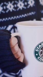 Preview wallpaper cup, coffee, hands, sweater, mood