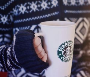 Preview wallpaper cup, coffee, hands, sweater, mood