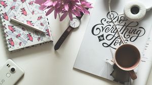 Preview wallpaper cup, coffee, headphones, inscription