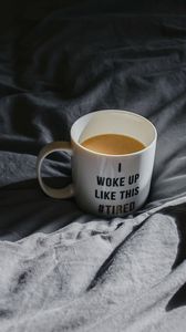 Preview wallpaper cup, coffee, inscription, phrase, bed