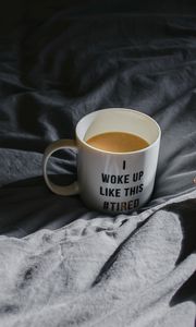 Preview wallpaper cup, coffee, inscription, phrase, bed