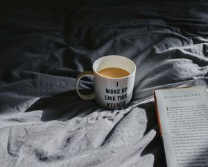 Preview wallpaper cup, coffee, inscription, phrase, bed