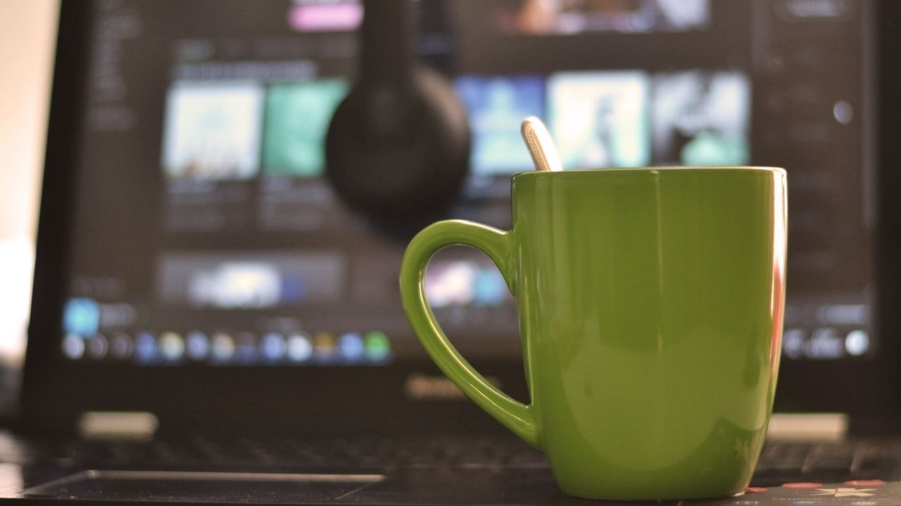 Wallpaper cup, coffee, laptop, blur