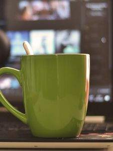 Preview wallpaper cup, coffee, laptop, blur