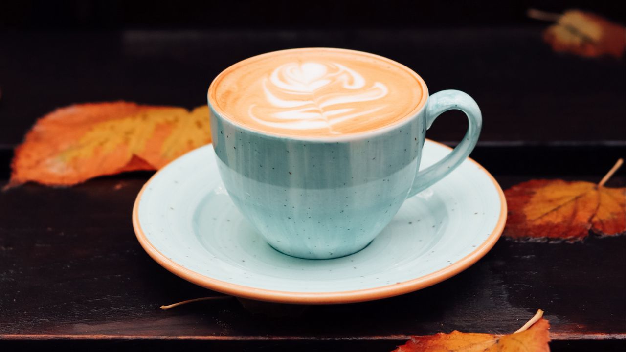 Wallpaper cup, coffee, leaves, autumn