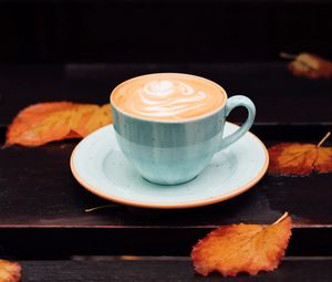 Preview wallpaper cup, coffee, leaves, autumn