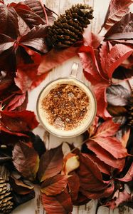 Preview wallpaper cup, coffee, leaves, cones