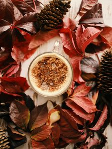 Preview wallpaper cup, coffee, leaves, cones