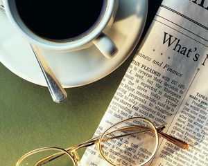 Preview wallpaper cup, coffee, newspaper, glasses, breakfast, needs