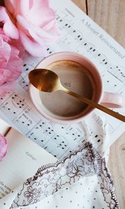 Preview wallpaper cup, coffee, spoon, notes, drink