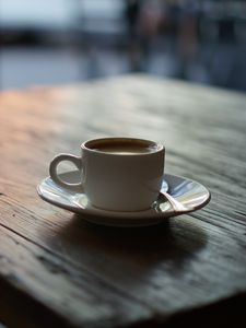 Preview wallpaper cup, coffee, wooden, surface